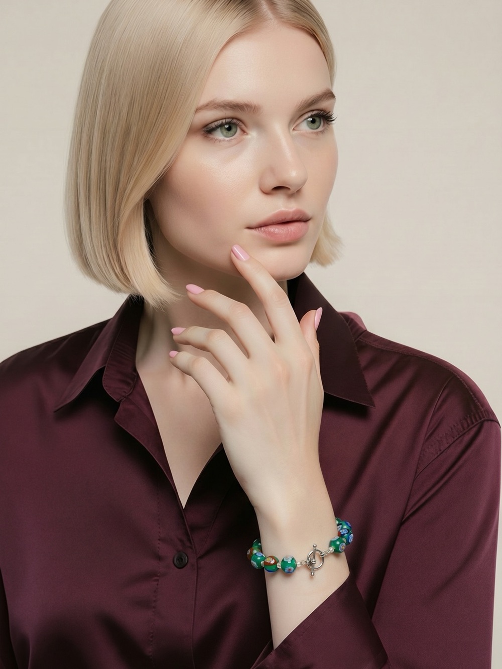 Green Beaded Bracelet with Silver Anchor Charm - Women Jewelry